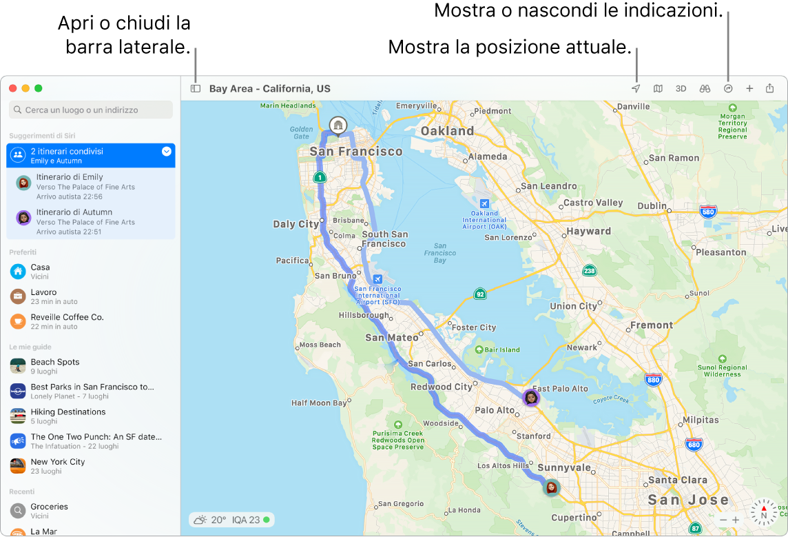 Una finestra di Mappe che mostra come ottenere indicazioni facendo clic su una destinazione nella barra laterale, come aprire o chiudere la barra laterale e come trovare la tua posizione attuale sulla mappa.