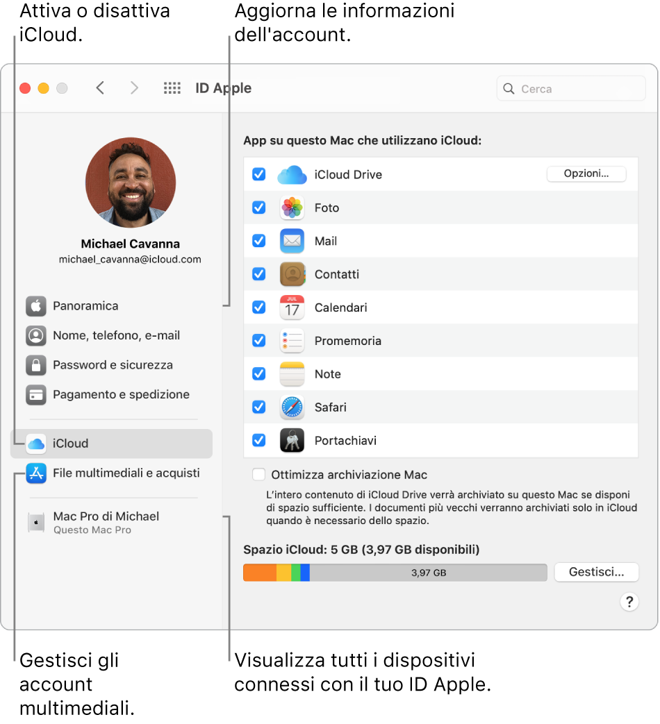 Il pannello Apple ID di Preferenze di Sistema. Fai clic su un elemento nella barra laterale per aggiornare le informazioni dell'account, attivare o disattivare iCloud, gestire gli account multimediali e visualizzare tutti i dispositivi in cui hai effettuato l'accesso con il tuo ID Apple.