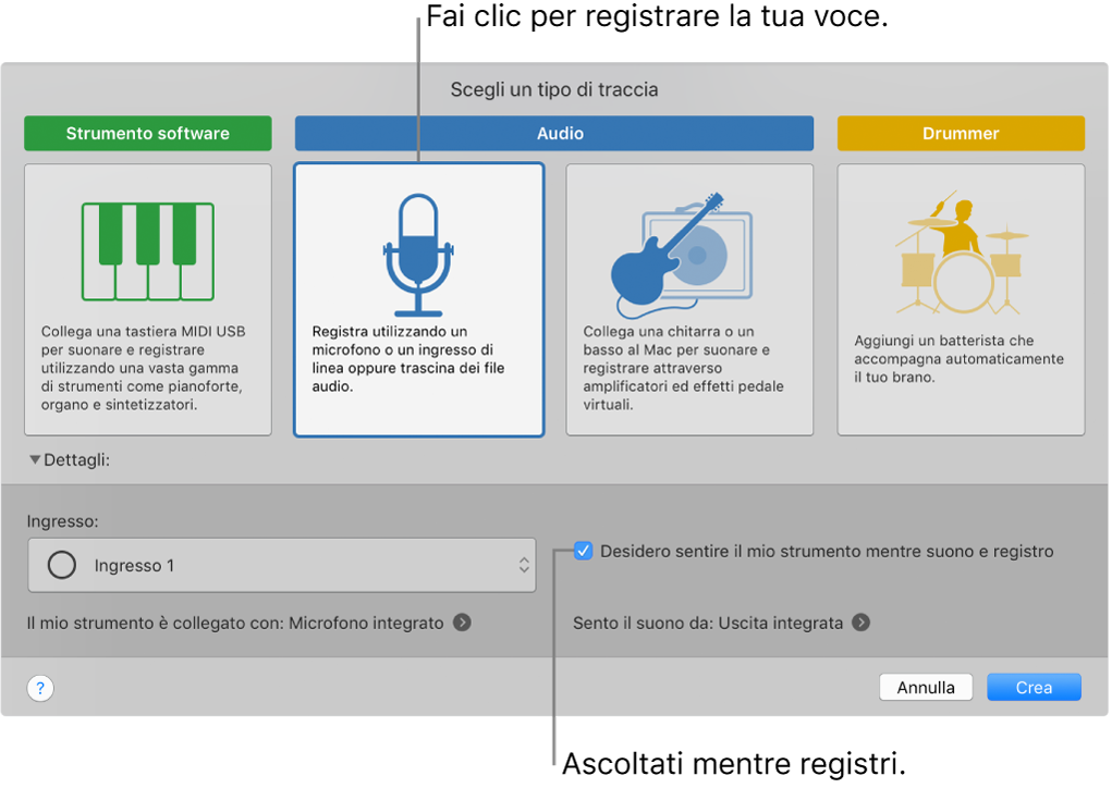 Il pannello degli strumenti di GarageBand che mostra dove fare clic per registrare una voce e come riascoltarsi durante la registrazione.