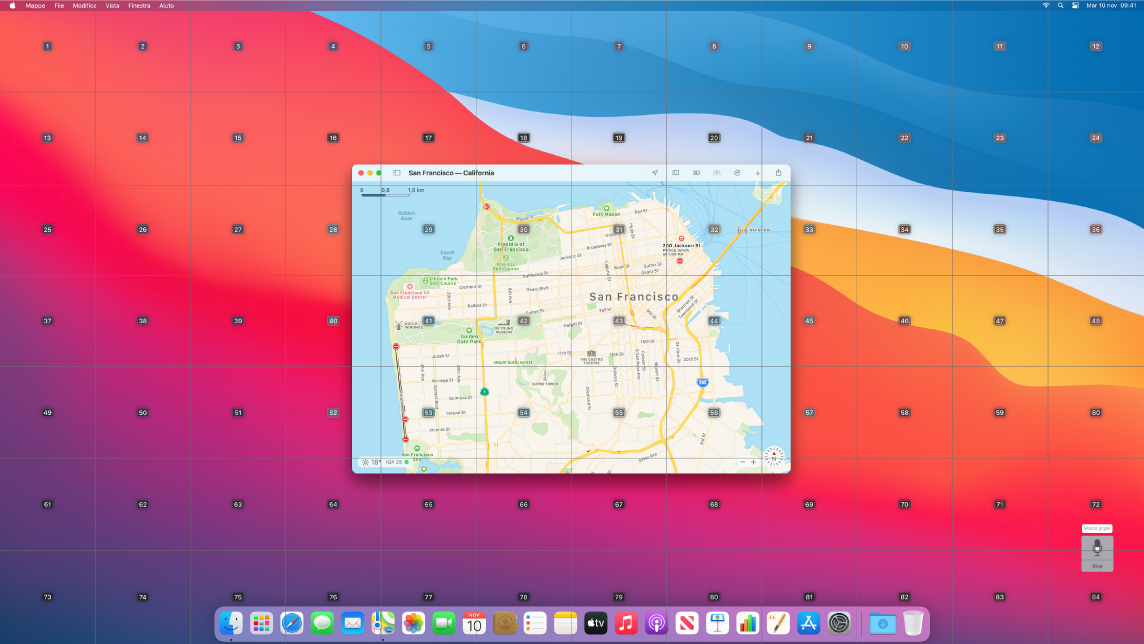 L'app Mappe aperta sulla scrivania con la griglia in sovrapposizione.