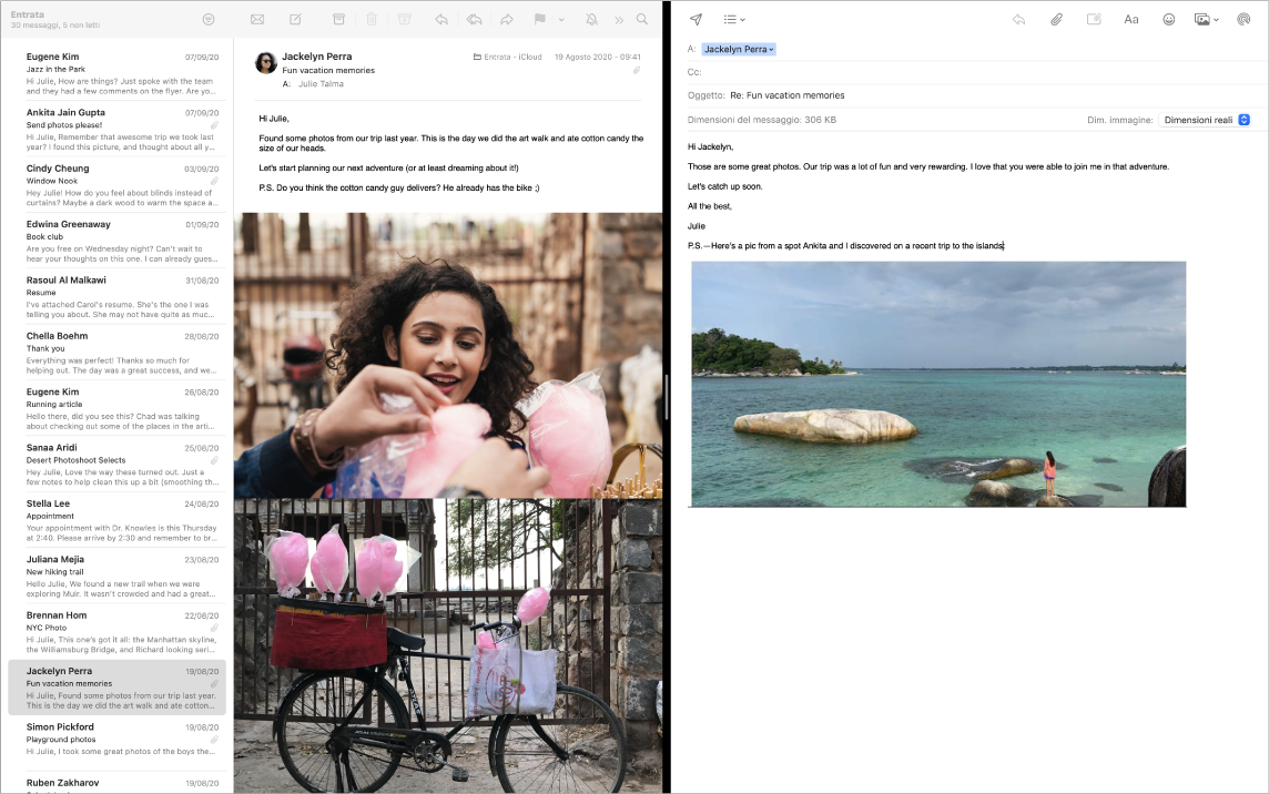 Una finestra di Mail con lo schermo suddiviso che mostra due messaggi uno accanto all’altro.