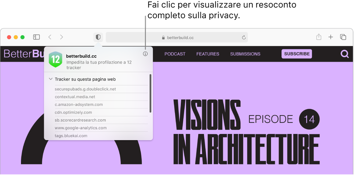 Una finestra di Safari che mostra le preferenze per i siti web, tra cui “Utilizza Reader quando disponibile”, “Abilita blocchi dei contenuti”, “Dimensione pagina”, “Riproduzione automatica” e “Finestre a comparsa”.