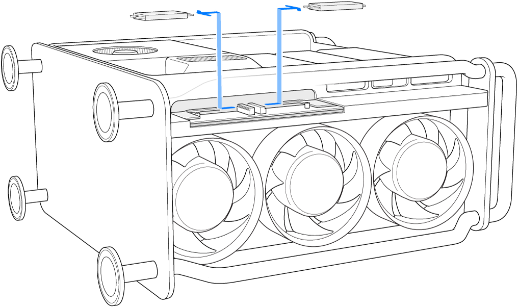 Mac Pro su un lato, con due moduli SSD in fase di rimozione.