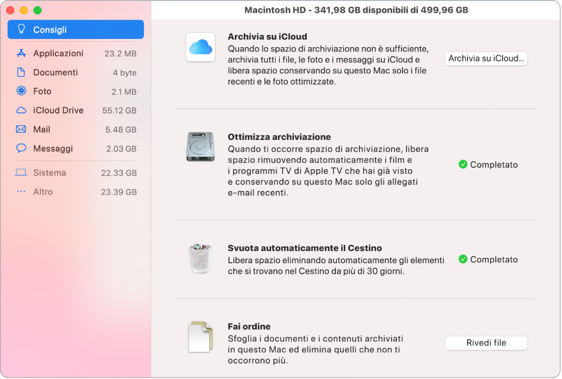 Le preferenze Consigli per l'archiviazione che mostrano le opzioni “Archivia su iCloud”, “Ottimizza archivio”, “Svuota automaticamente il Cestino” e “Fai ordine”.