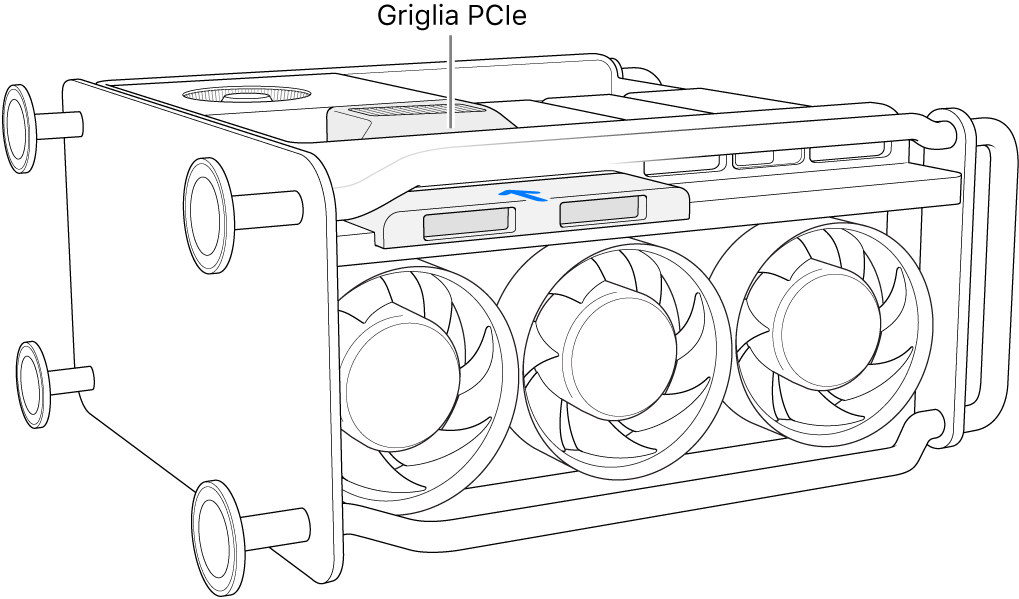 Mac Pro su un lato, con la griglia PCIe e il coperchio dell'unità SSD.