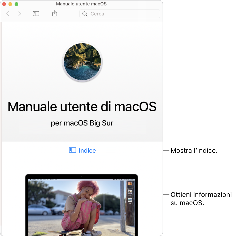 Pagina di benvenuto del Manuale utente di macOS che mostra il link dell’indice.