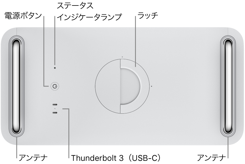 Mac Proの上面。電源ボタン、システム・インジケータ・ランプ、ラッチ、アンテナ、2つのThunderbolt 3（USB-C）ポートが示されています。