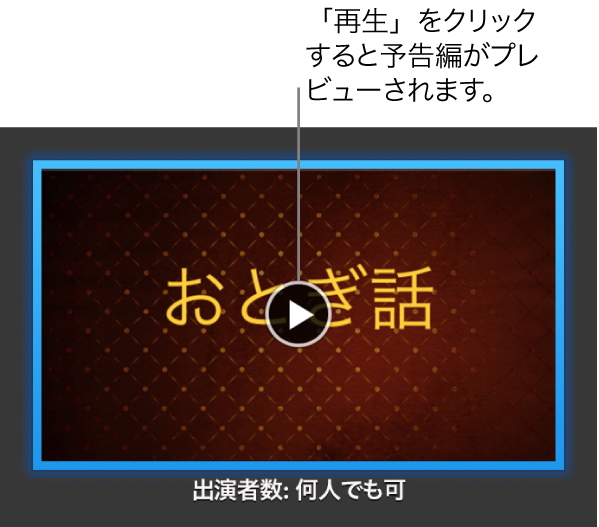 iMovieの予告編画面。「再生」ボタンが示されています。