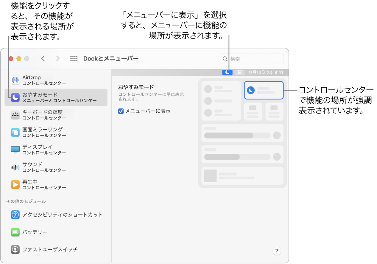 「Dockとメニューバー」環境設定ウインドウ。