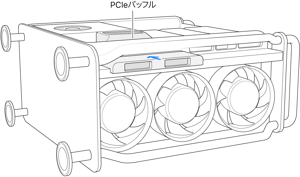 横向きのMac Pro。PCIeバッフルとSSDカバーが示されています。