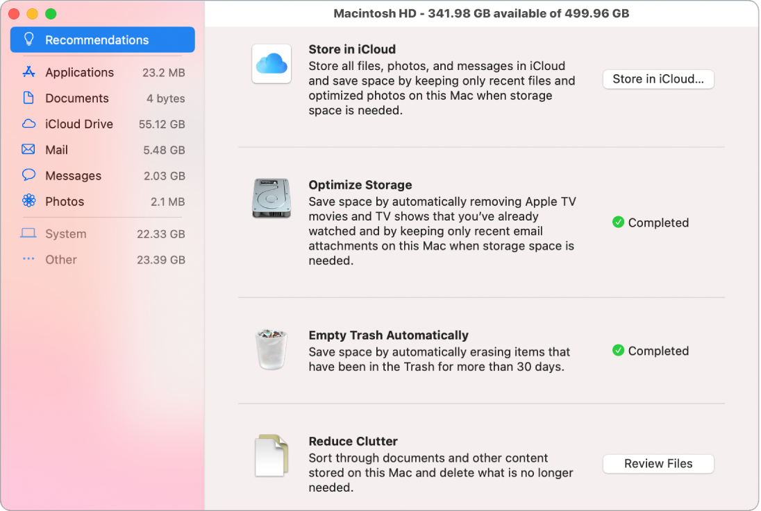 Store in iCloud, Optimize Storage, Erase Trash Automatically және Reduce Clutter параметрлерін көрсетіп тұрған сақтауға арналған Recommendations теңшелімдері.