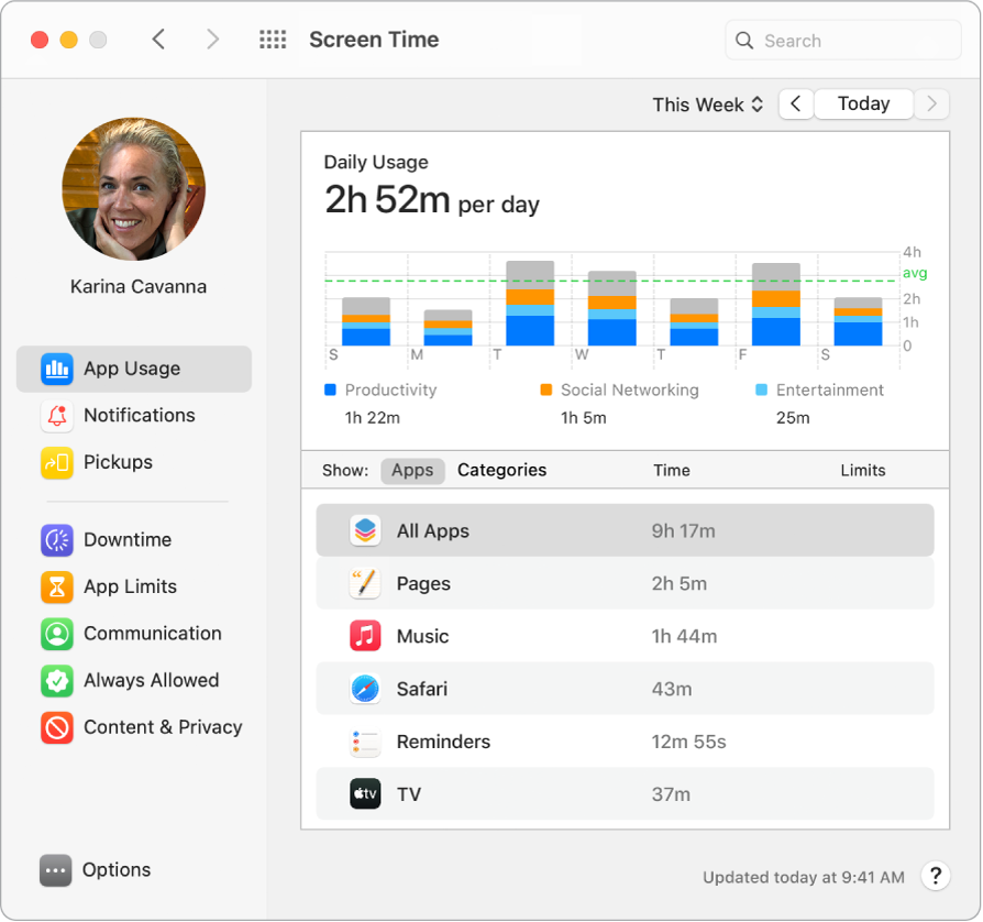 Түрлі қолданбалармен өткізілген уақытты көрсетіп тұрған Screen Time терезесі.