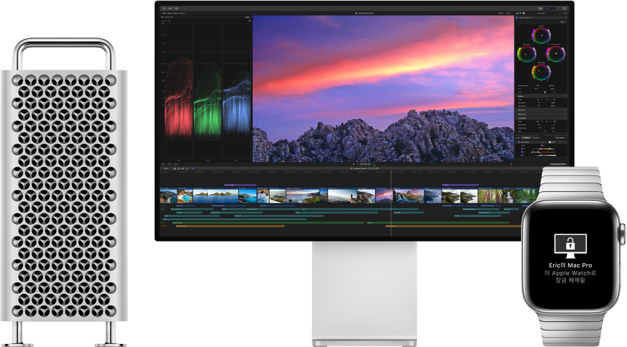 Apple Watch로 Mac이 잠금 해제되었다는 메시지가 표시된 Apple Watch 옆에 있는 Mac Pro와 Mac Pro 디스플레이.