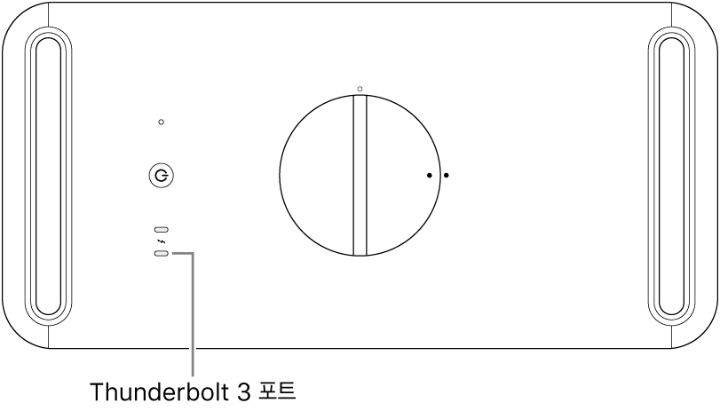 사용해야 할 올바른 Thunderbolt 3 포트가 표시된 Mac Pro의 상단.