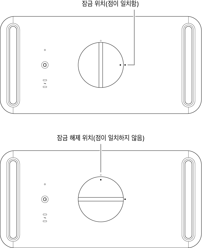 컴퓨터 하우징 상단에 표시된 래치가 잠금 상태에서 잠금이 해제됨.