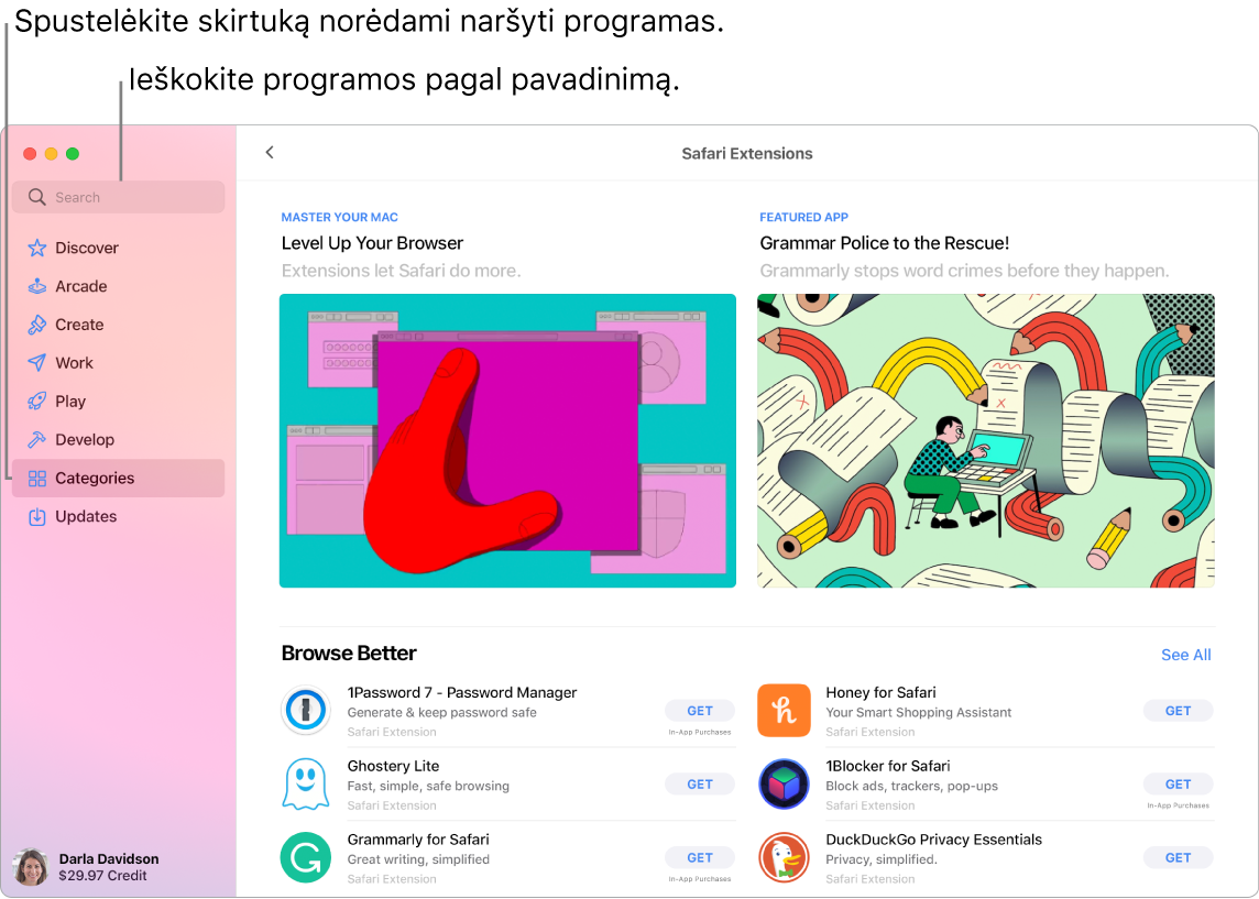 „App Store“ lange rodomi paieškos laukas ir puslapis „Safari Extensions“.