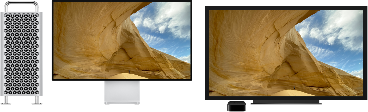 Mac Pro dators ar tā saturu spoguļotu lielā HDTV, izmantojot Apple TV ierīci.