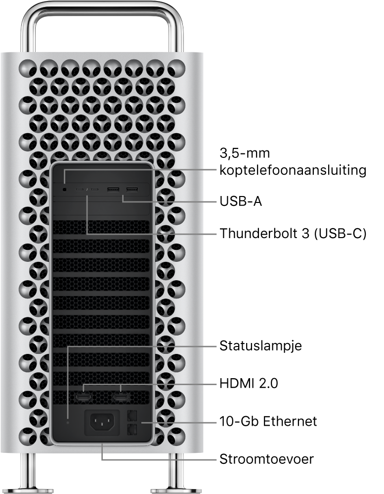 De zijkant van de Mac Pro met de 3,5-mm koptelefoonaansluiting, twee USB-A-poorten, twee Thunderbolt 3-poorten (USB-C), een statuslampje, twee HDMI 2.0-poorten, twee 10 Gigabit Ethernet-poorten en een poort voor het netsnoer.