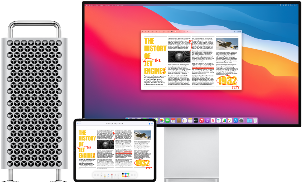 Een Mac Pro en een iPad naast elkaar. Op beide schermen wordt een artikel weergegeven met rode markeringen zoals doorgestreepte zinnen, pijlen en toegevoegde woorden. Onder in het scherm van de iPad bevinden zich ook markeringsregelaars.