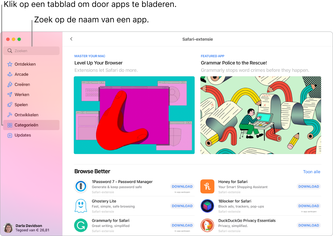 Het App Store-venster met het zoekveld en een pagina met Safari-extensies.