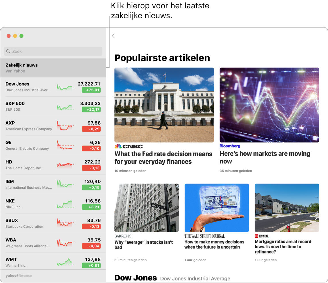 Het Aandelen-dashboard met actuele koersen in een volglijst met bijbehorende populairste artikelen.