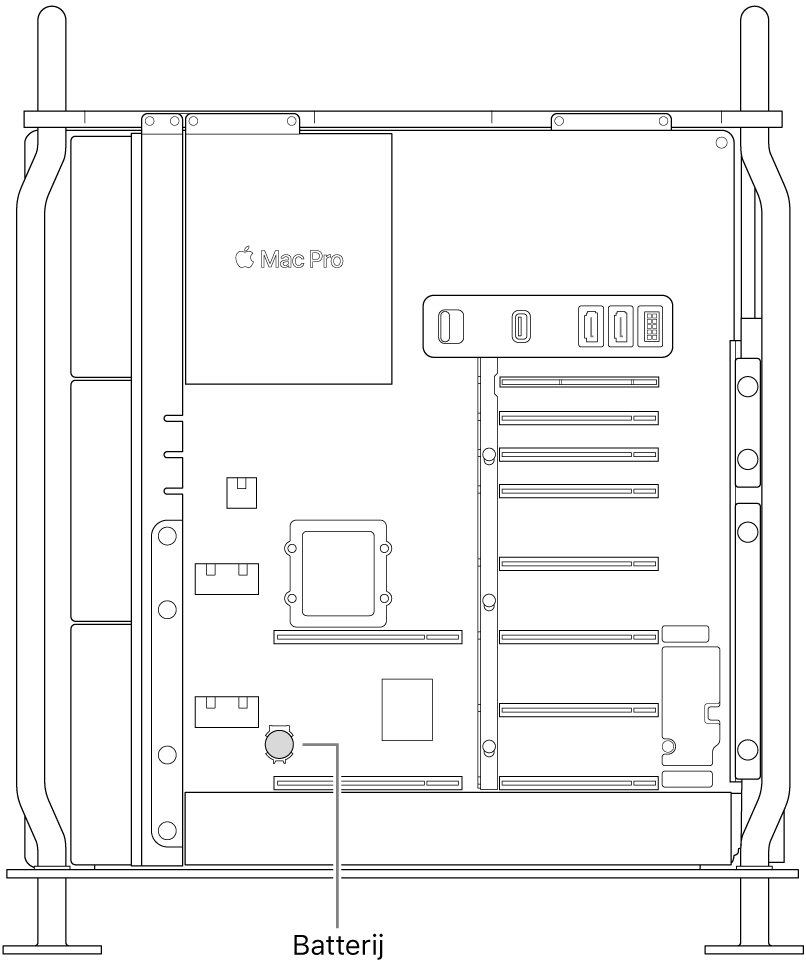 Zijaanzicht van een geopende Mac Pro met de locatie van de knoopcelbatterij.