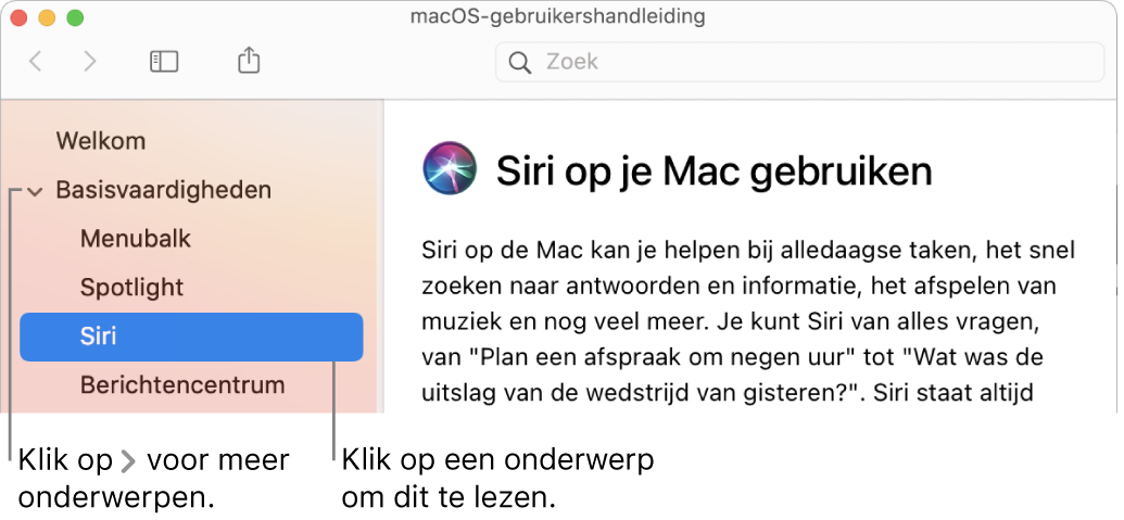 Help-viewer waarin je ziet hoe je onderwerpen uit de navigatiekolom bekijkt en hoe je de inhoud van een onderwerp weergeeft.