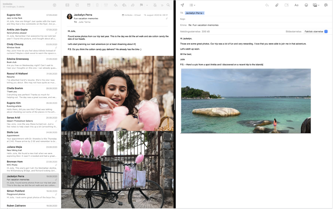 Et Mail-vindu i delt visning, som viser to meldinger side ved side.