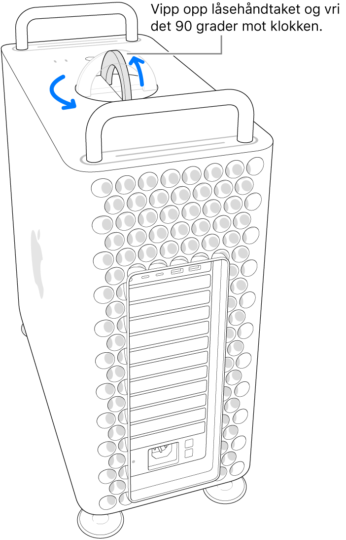 Viser det første trinnet for å fjerne datamaskinens kabinett ved å løfte låsehåndtaket og vri det 90 grader.