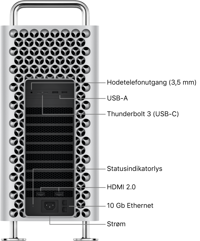 Mac Pro fra siden som viser hodetelefonutgangen (3,5 mm), to USB-A-porter, to Thunderbolt 3-porter (USB-C), et statusindikatorlys, to HDMI 2.0-porter, to 10 Gigabit Ethernet-porter og strømporten.