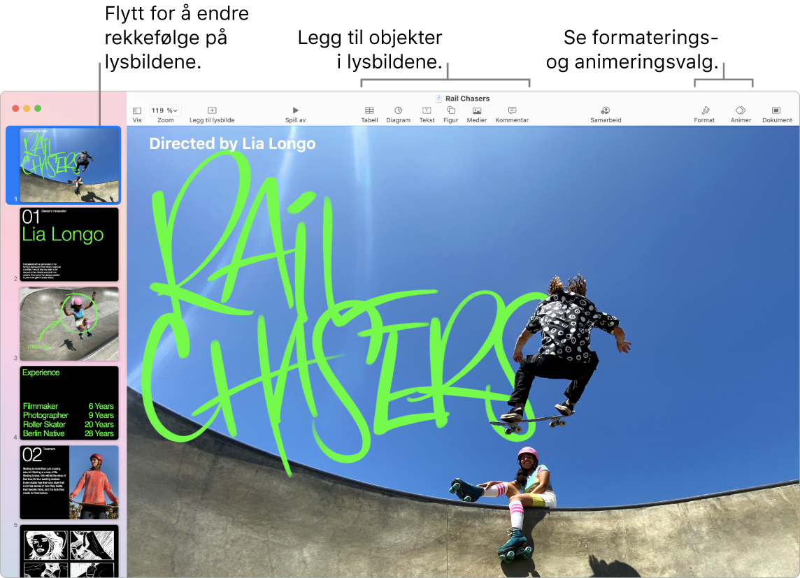 Et Keynote-vindu med lysbildenavigering til venstre og valg for å endre rekkefølgen på lysbilder, verktøylinjen og redigeringsverktøyene øverst, Samarbeid-knappen oppe til høyre, og knappene Format, Animer og Dokument helt til høyre.