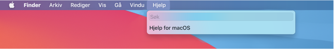 En del av et skrivebord med Hjelp-menyen åpen som viser menyvalgene for Søk og Hjelp for macOS.