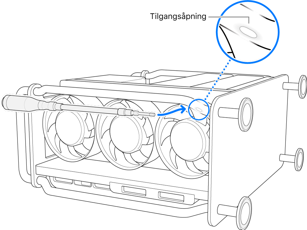 Mac Pro lagt på siden. En bøyelig skrutrekker peker mot tilgangsåpningen.
