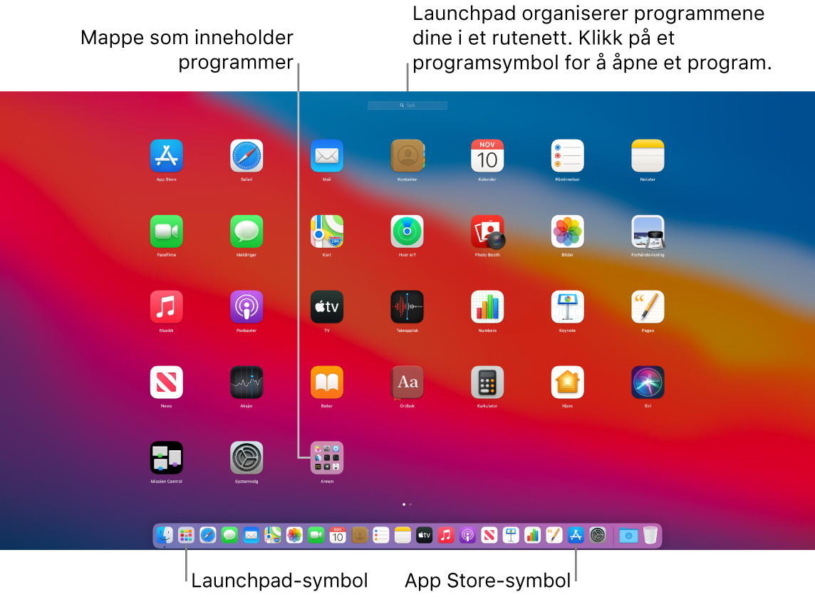 En Mac-skjerm med Launchpad åpent, som viser en mappe med programmer i Launchpad og Launchpad- og App Store-symbolene i Dock.