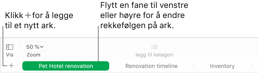 Numbers-vindu som viser hvordan du legger til et nytt ark og hvordan du omorganiserer ark.