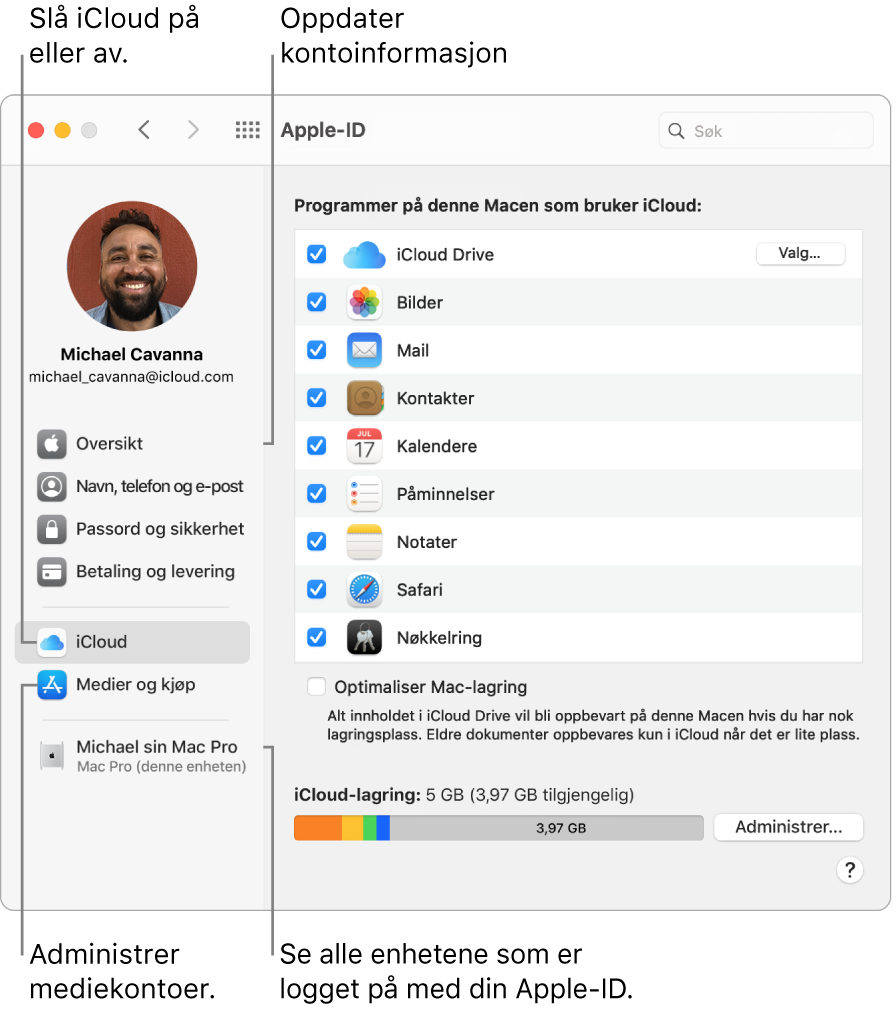 Apple-ID-panelet i Systemvalg. Klikk på et objekt i sidepanelet for å oppdatere kontoinformasjonen din, slå iCloud på eller av, administrere mediekontoer og vise alle enheter som er logget på med din Apple-ID.