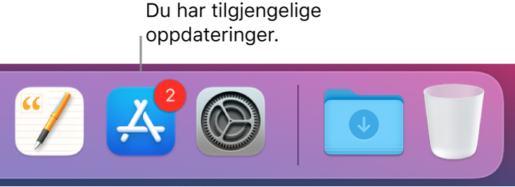 En del av Dock som viser App Store-symbolet med et merke, som viser at det finnes tilgjengelige oppdateringer.