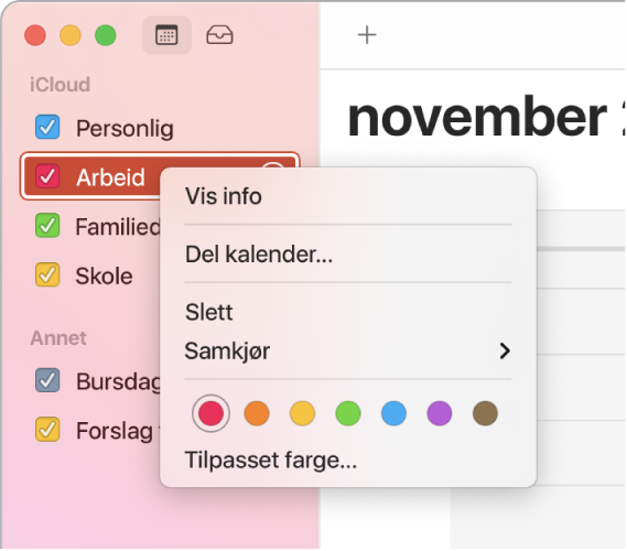 Kalender-snarveismenyen med alternativer for å endre fargen for en kalender.