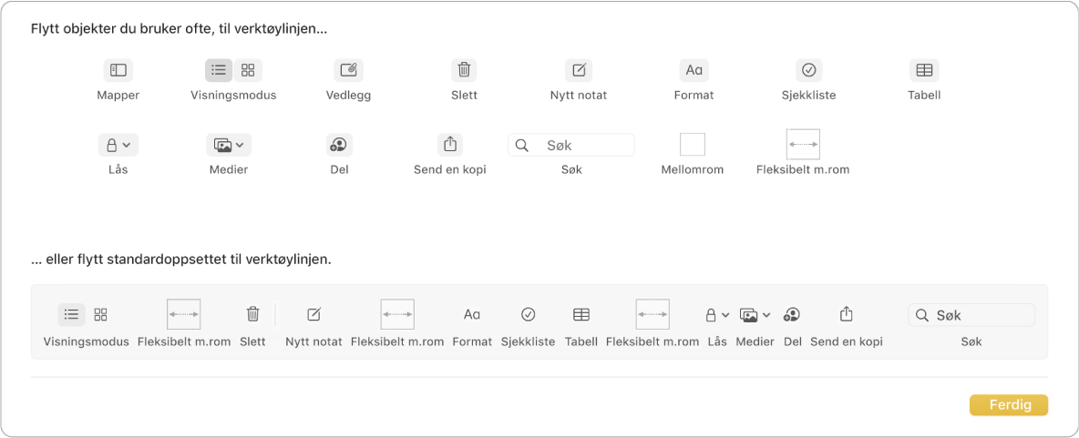 Et Notater-vindu som viser hvilke alternativer for tilpasning som finnes.