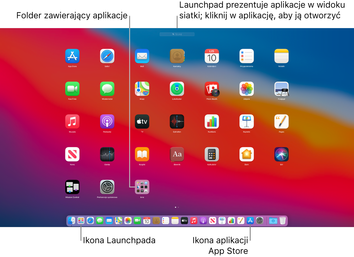 Ekran Maca z otwartym Launchpadem; folder aplikacji w Launchpadzie jest wyróżniony, a w Docku wyróżnione są również ikony Launchpada i App Store.