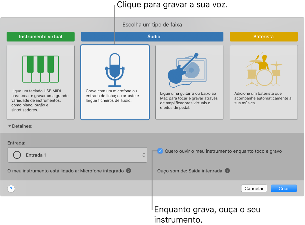 O painel de instrumento do GarageBand a mostrar onde clicar para gravar uma voz e como ouvir a sua própria gravação.