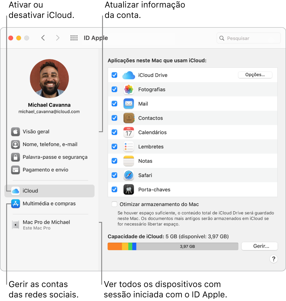 O painel ID Apple nas Preferências do Sistema. Clique num elemento na barra lateral para atualizar as informações da conta, ativar ou desativar iCloud, gerir contas multimédia e ver todos os dispositivos com sessão iniciada com o seu ID Apple.