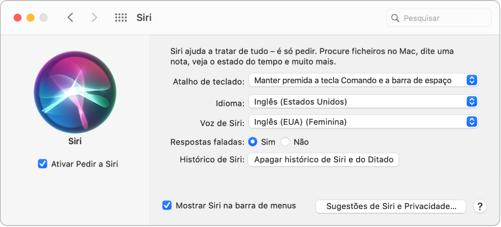 A janela de preferências de Siri com a opção “Ativar ‘Perguntar a Siri’” selecionada à esquerda, e várias opções para personalizar Siri à direita.