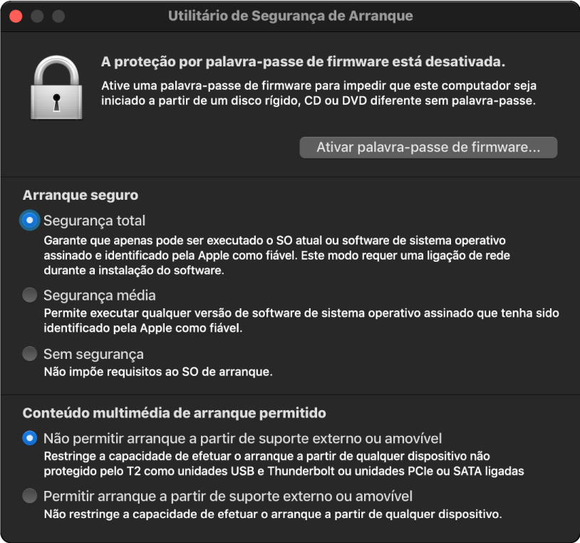 A janela do Utilitário de Segurança de Arranque está aberta com uma opção assinalada para arranque seguro e uma opção assinalada para arranque externo.