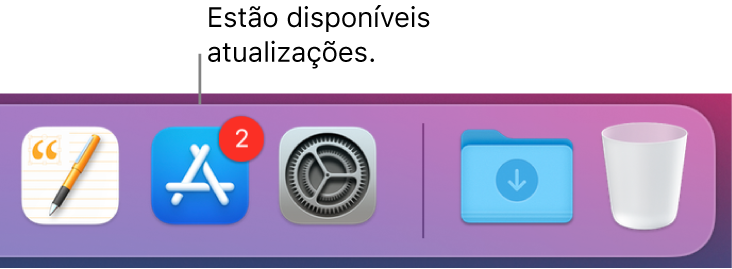 Uma secção da Dock a mostrar o ícone da App Store com um emblema, a indicar que existem atualizações disponíveis.