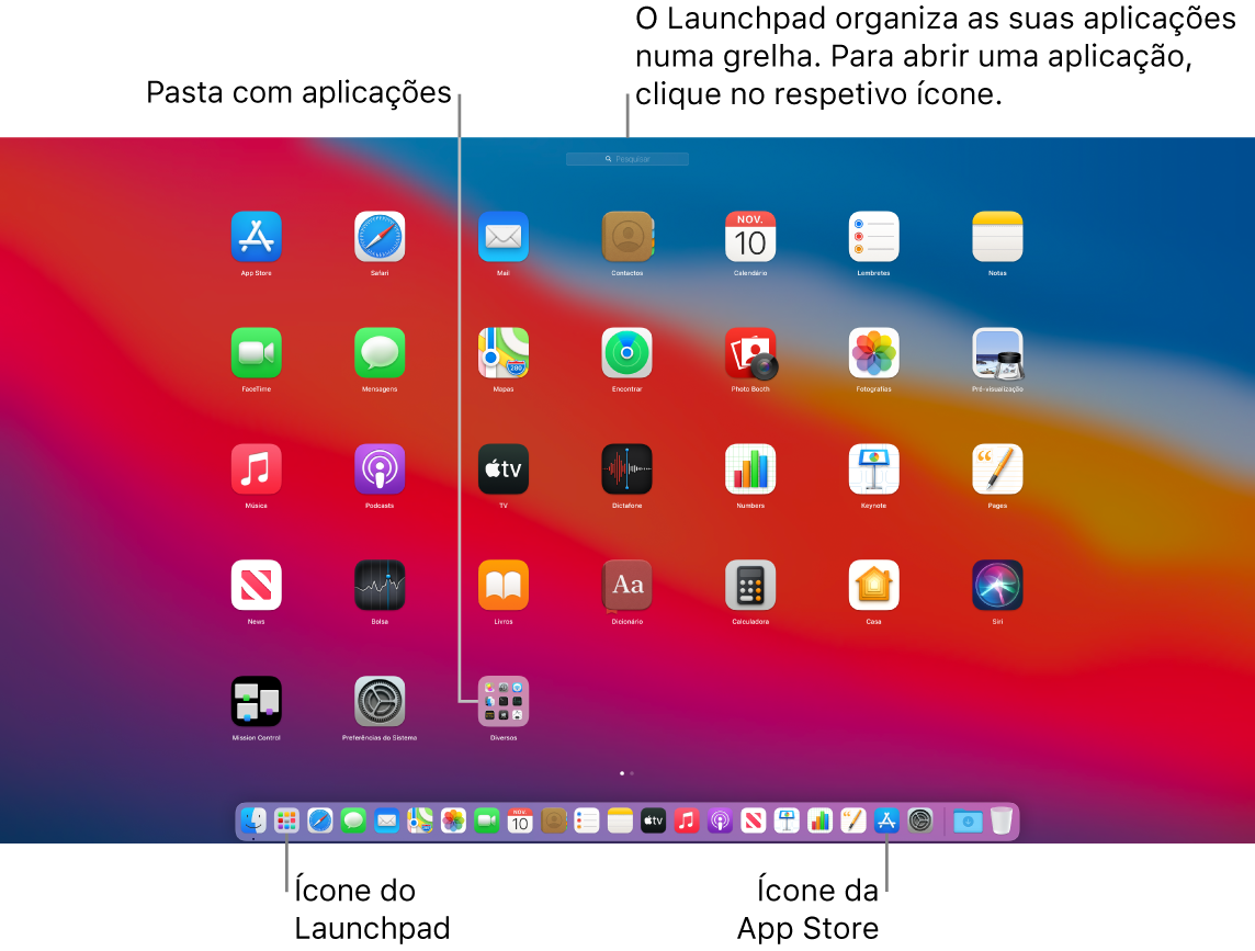 Um ecrã do Mac com o Launchpad aberto, a mostrar uma pasta de aplicações no Launchpad e os ícones do Launchpad e da App Store na Dock.