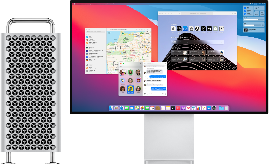 Um Mac Pro ligado a um Pro Display XDR, com a secretária a mostrar a central de controlo e várias aplicações abertas.