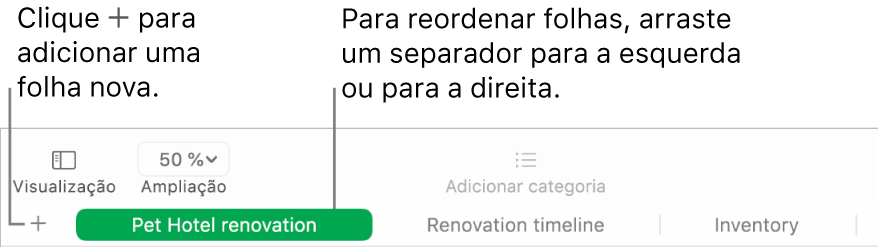 Uma janela do Numbers a mostrar como adicionar uma nova folha e como reordenar folhas.