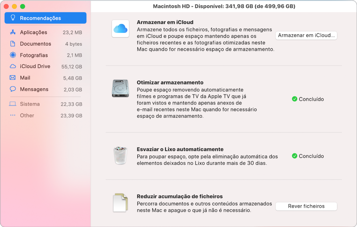 As preferências de Recomendações para armazenamento, a mostrar as opções Armazenar em iCloud, Otimizar armazenamento, Apagar o Lixo automaticamente, e Reduzir acumulação de ficheiros.