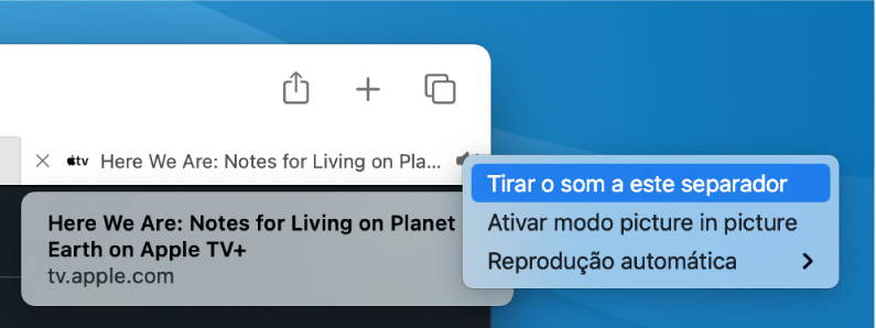 O submenu do ícone Áudio, com os elementos “Tirar o som a este separador”, “Ativar modo picture in picture” e “Reprodução automática”.